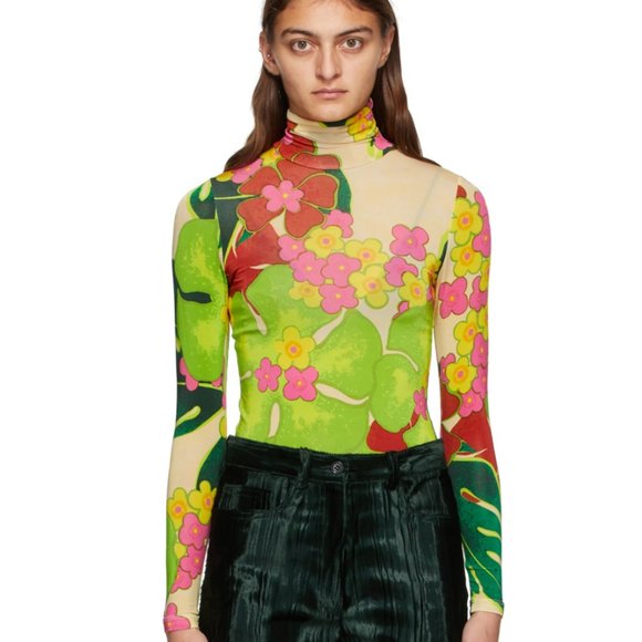 Dries Van Noten Tops - Dries Van Noten Green & Taupe Hask Floral Turtleneck Sheer Rayon Size Large